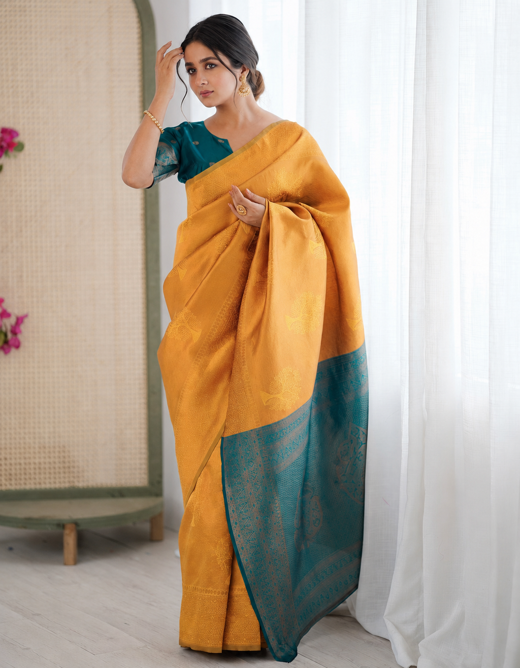 Yellow color banarasi silk saree with woven designer work [Product Code: 58042]