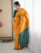 Yellow color banarasi silk saree with woven designer work [Product Code: 58042]