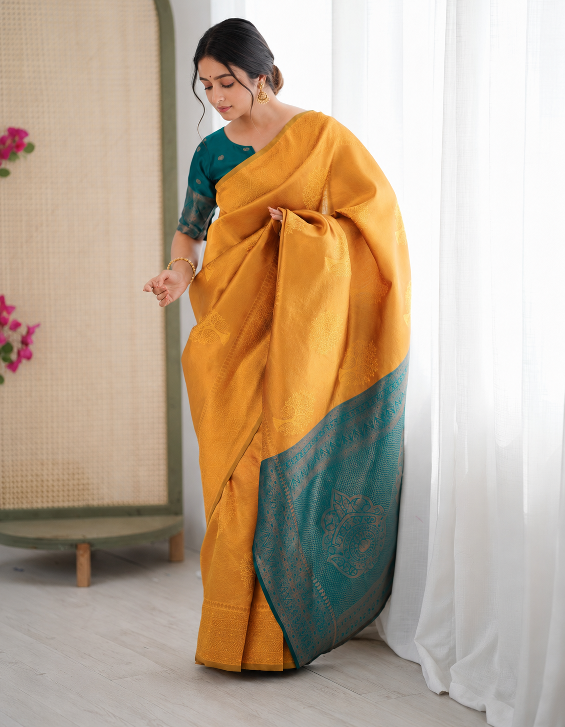 Yellow color banarasi silk saree with woven designer work [Product Code: 58042]