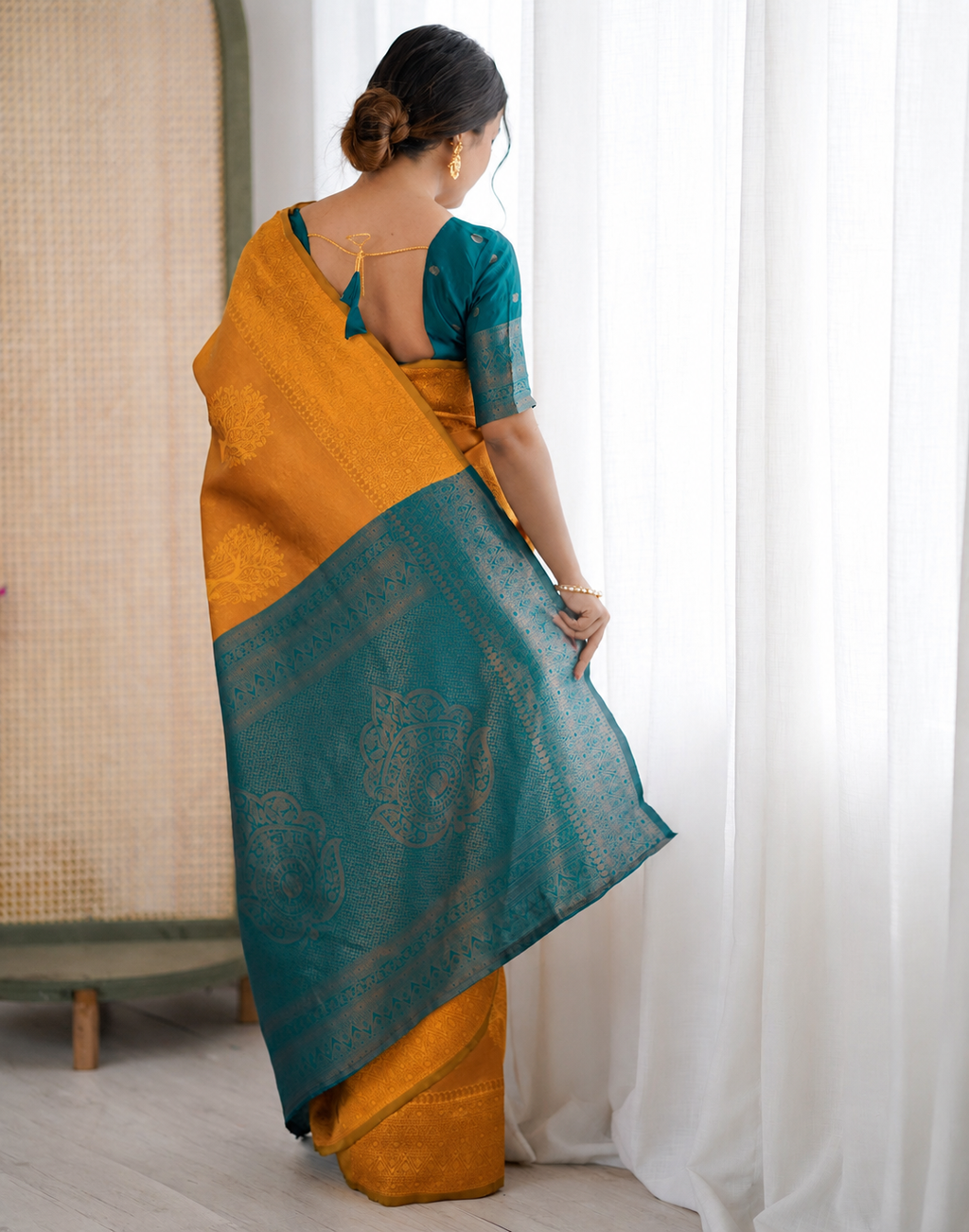 Yellow color banarasi silk saree with woven designer work [Product Code: 58042]