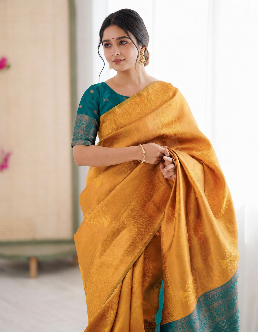 Yellow color banarasi silk saree with woven designer work [Product Code: 58042]