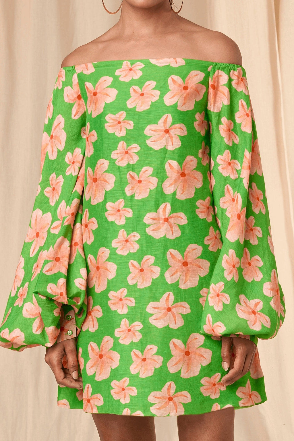 Parrot Green Flower Passion Off Shoulder Dress