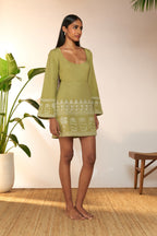 Olive Green Cans Embroidered Mini Dress