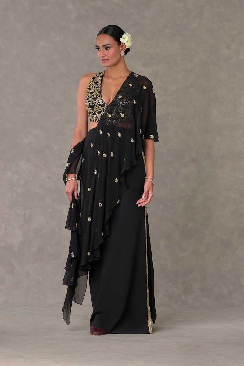 Black Paan-Phool Saree Gown