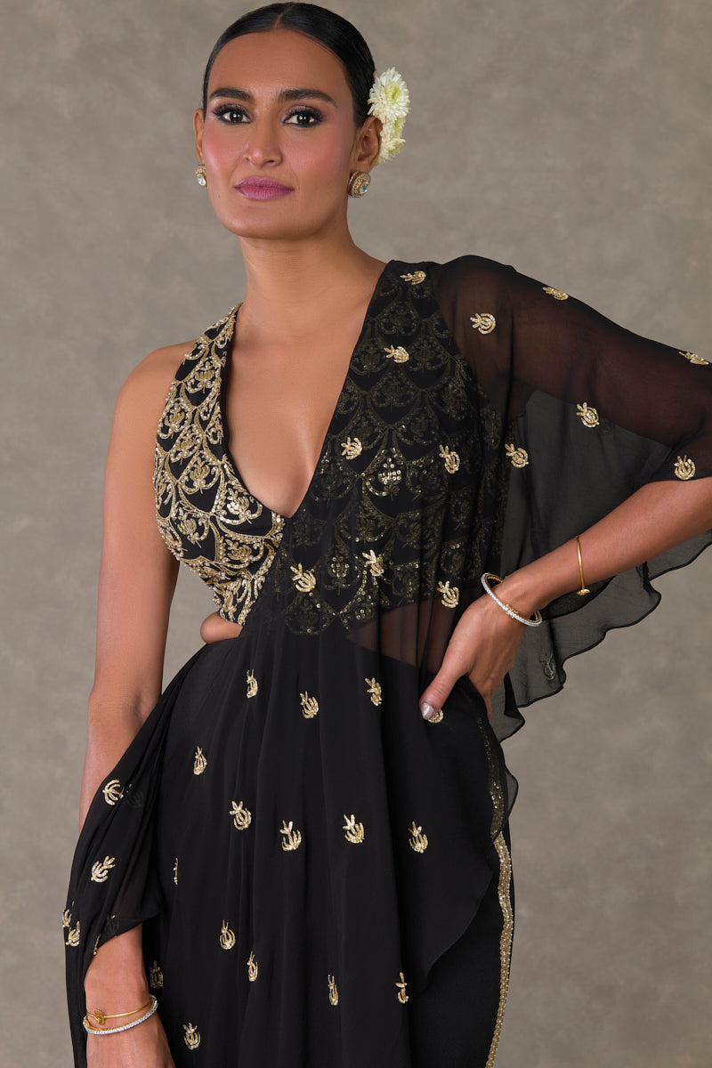 Black Paan-Phool Saree Gown