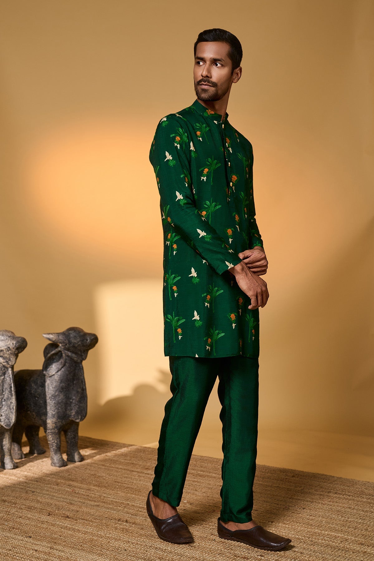 Bottle Green Tropical Kurta Set