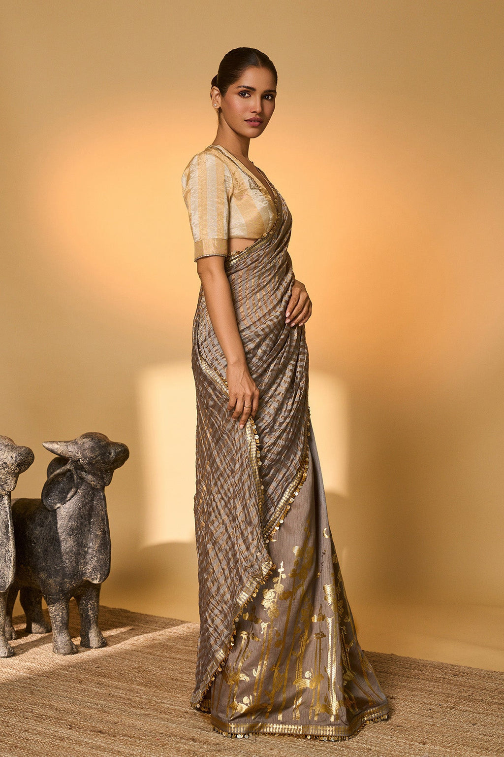 Grey Moonfield Zari Stripes Saree