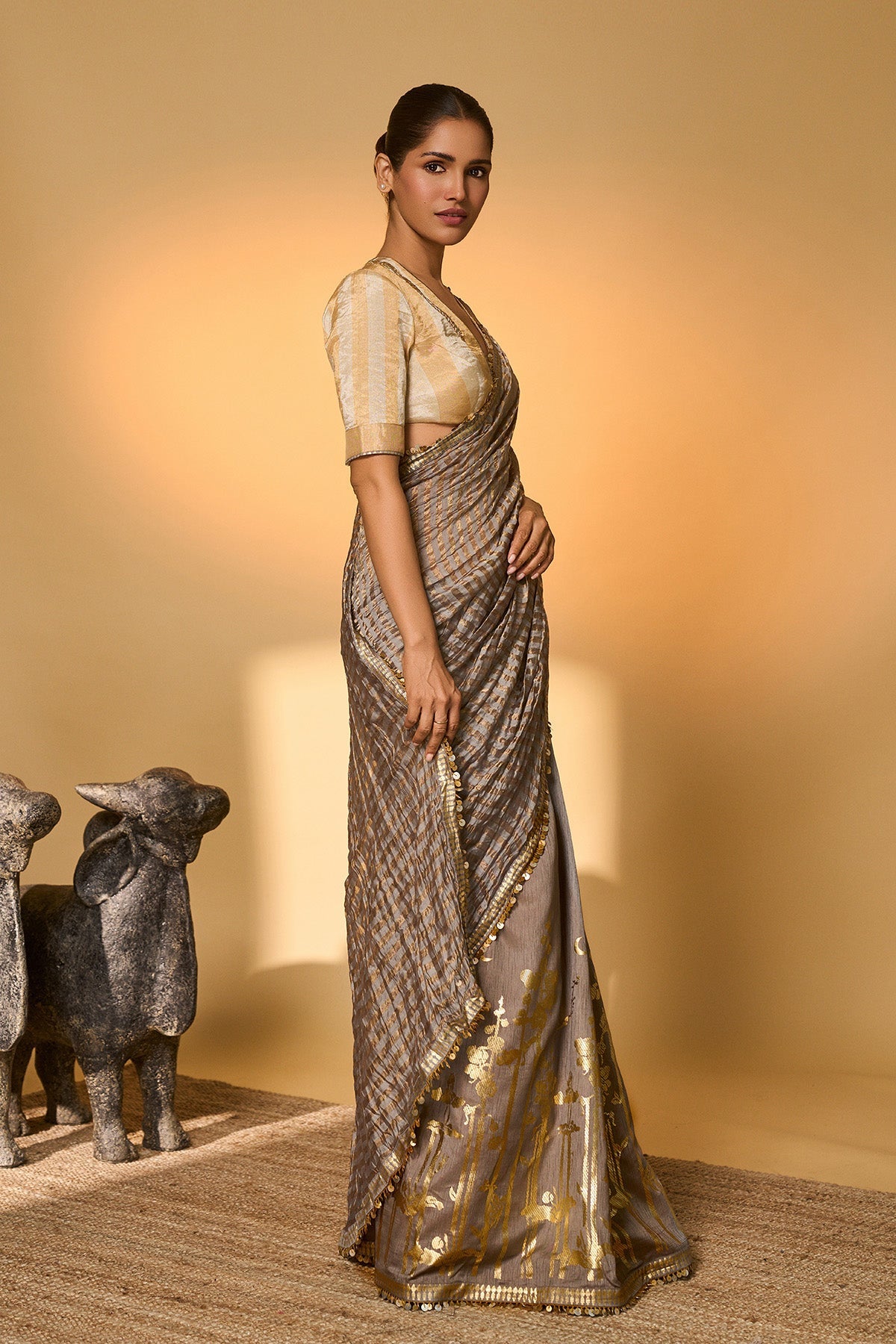 Grey Moonfield Zari Stripes Saree