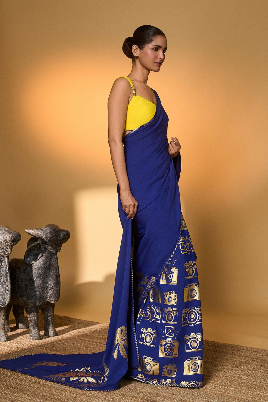 Electric Blue Tropical Camera Saree