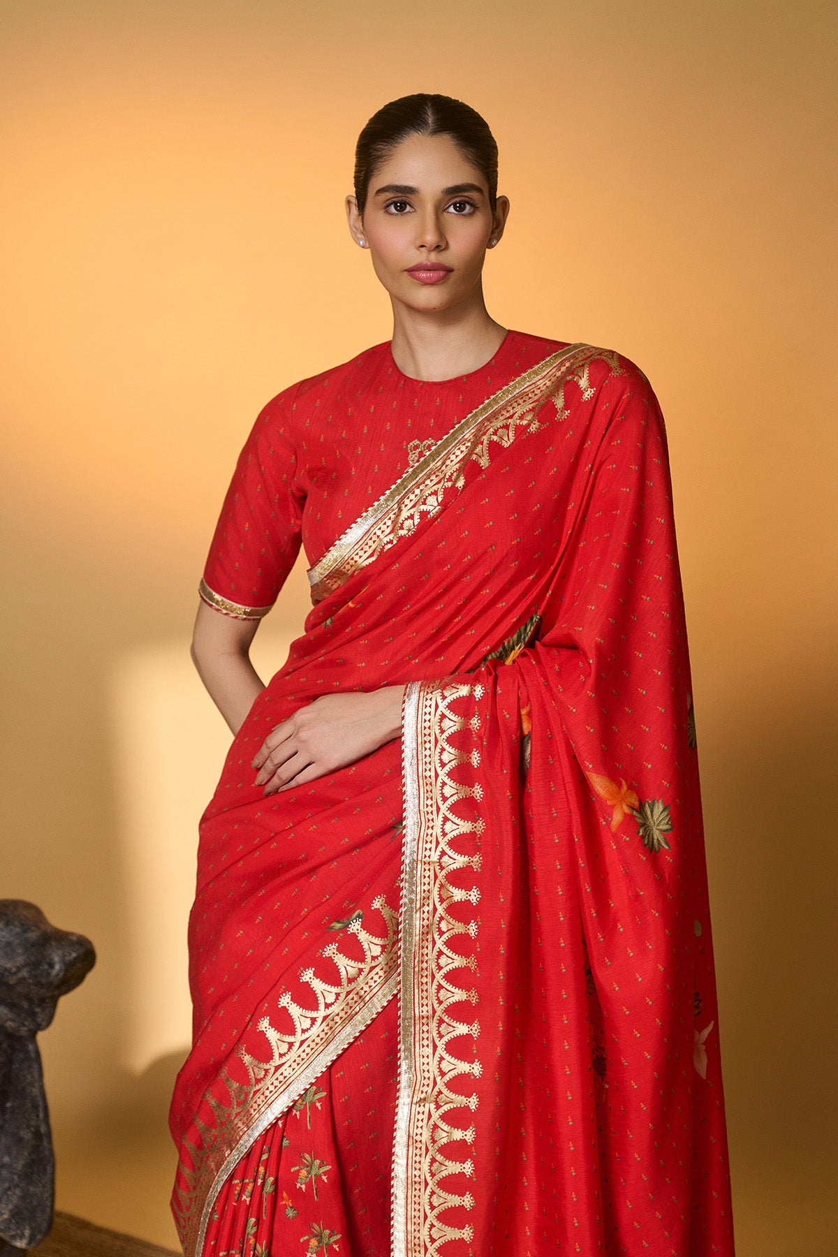 Red Tropical Amber Arches Saree