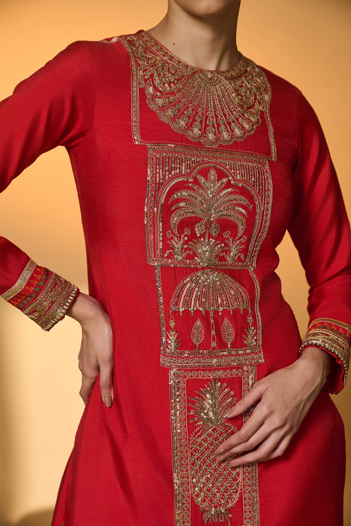 Red Khidki Kurta Set