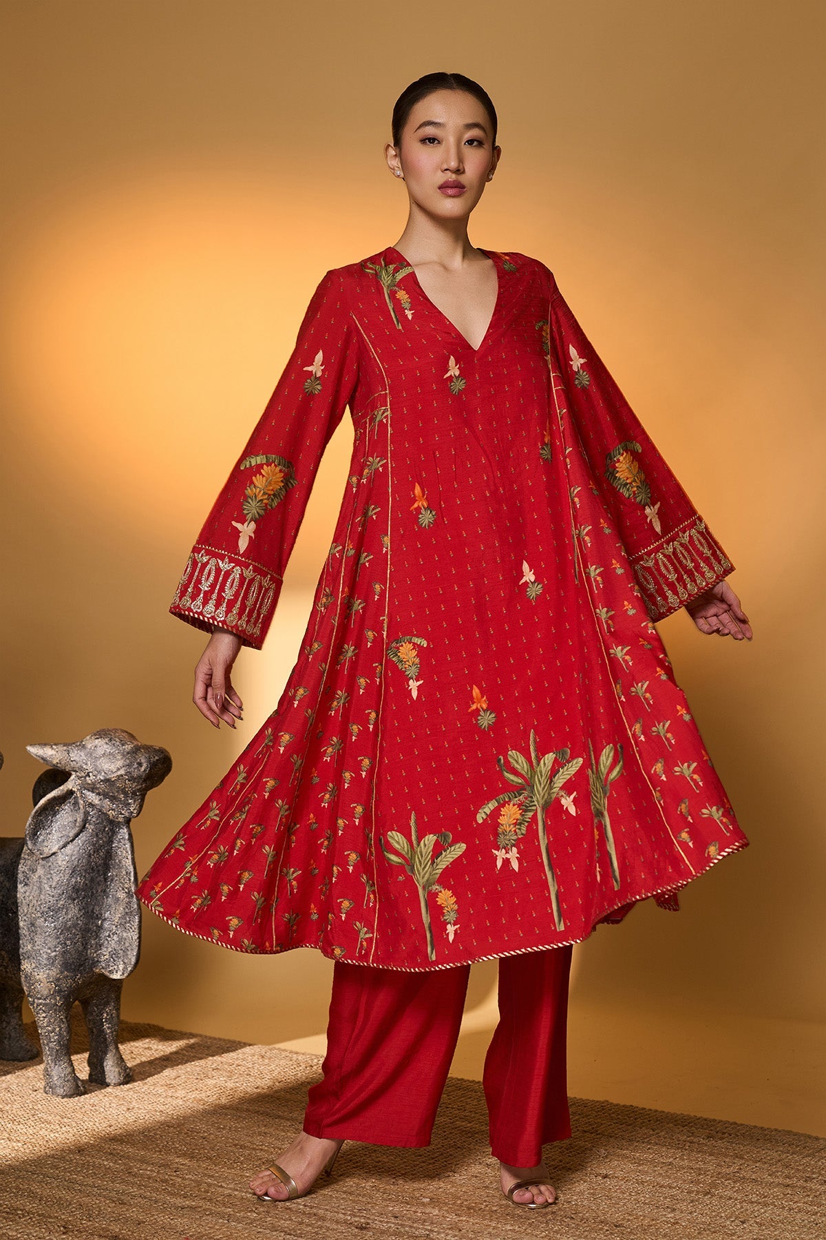 Red Tropical Anarkali Set