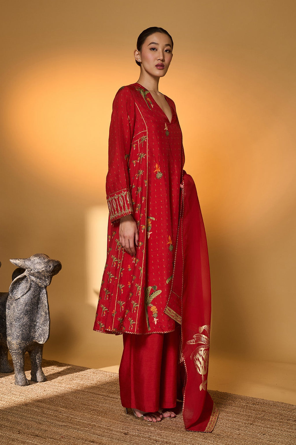 Red Tropical Anarkali Set