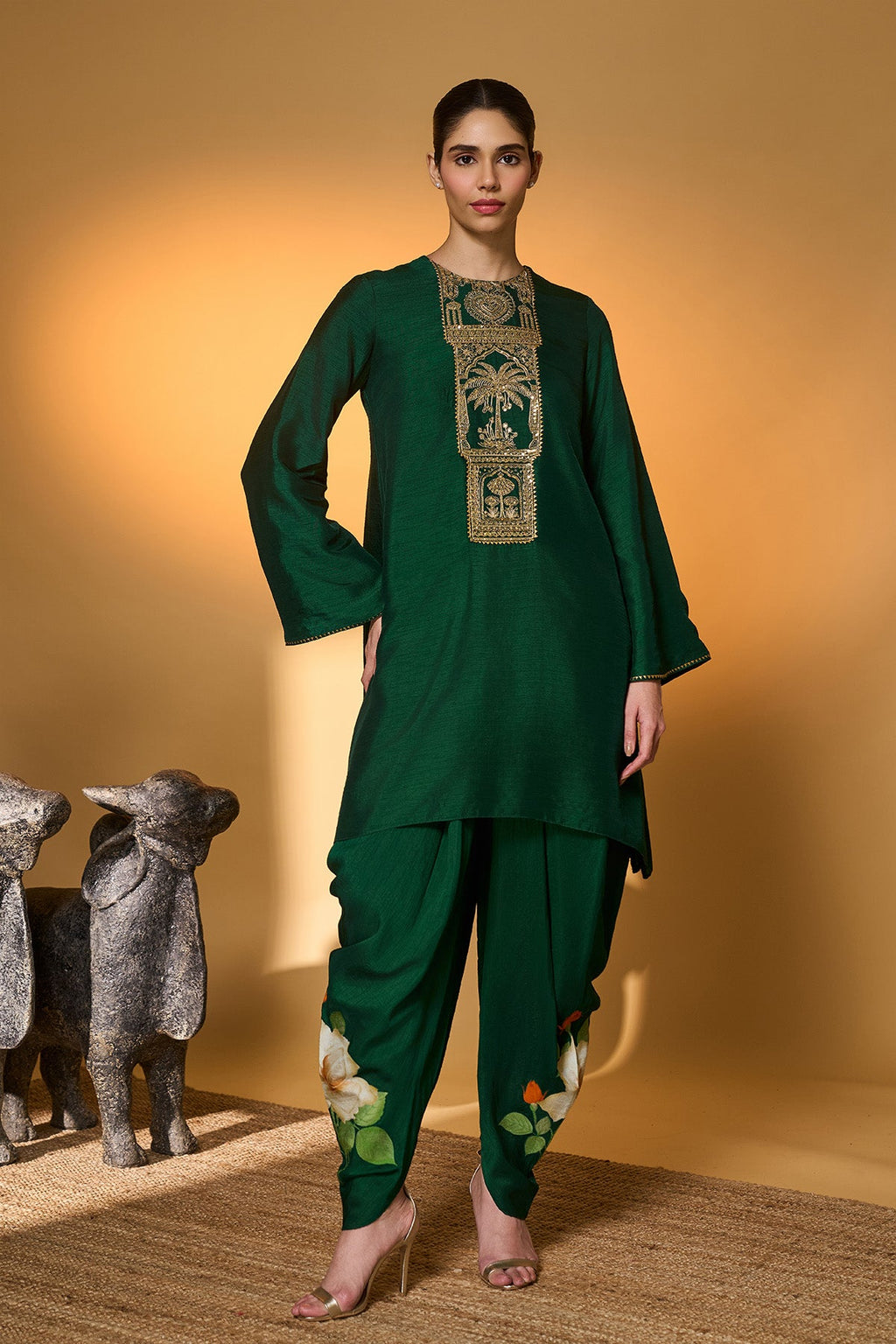 Bottle Green Rose Blush Kurta Set