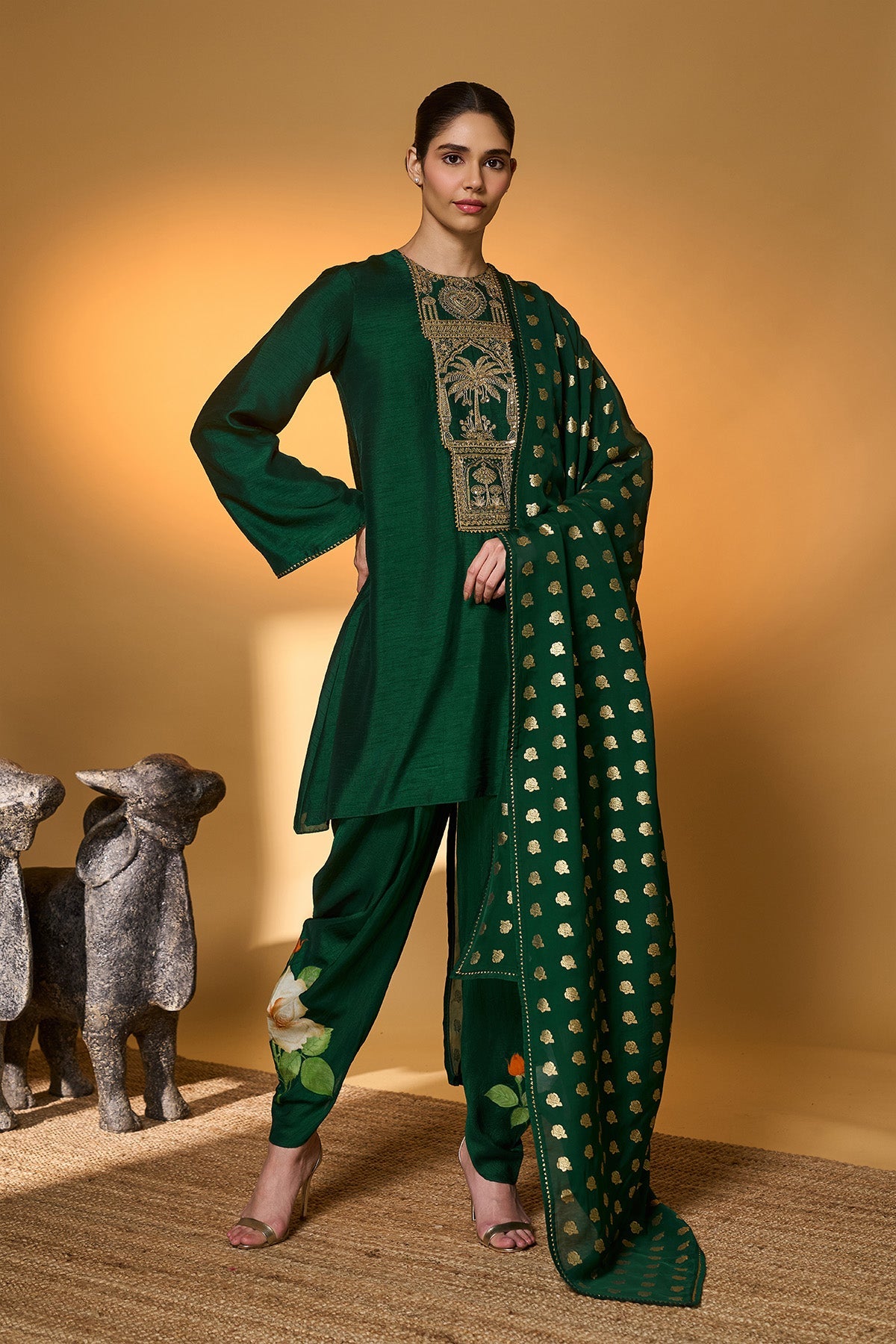 Bottle Green Rose Blush Kurta Set