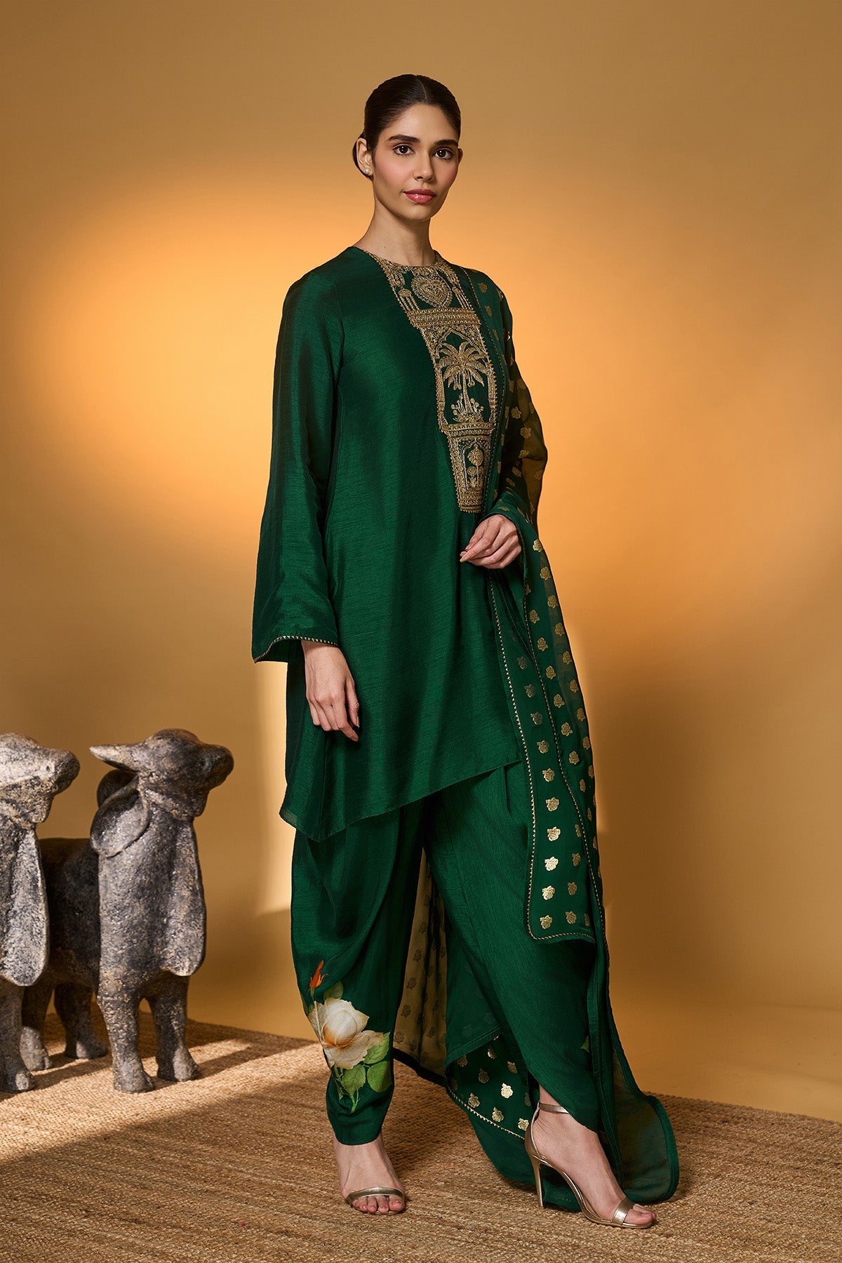 Bottle Green Rose Blush Kurta Set