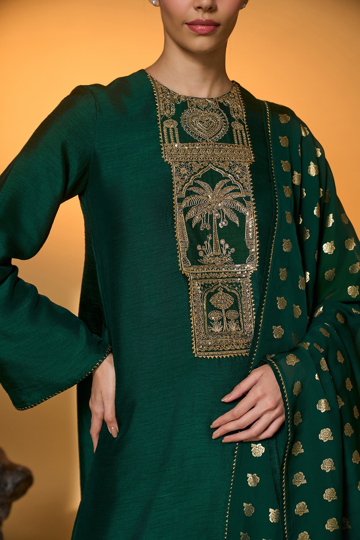 Bottle Green Rose Blush Kurta Set