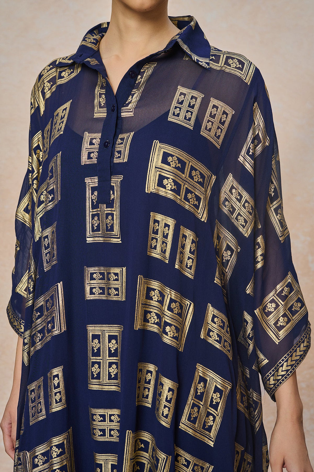 Blue Open Doors Foil Collar Kaftan
