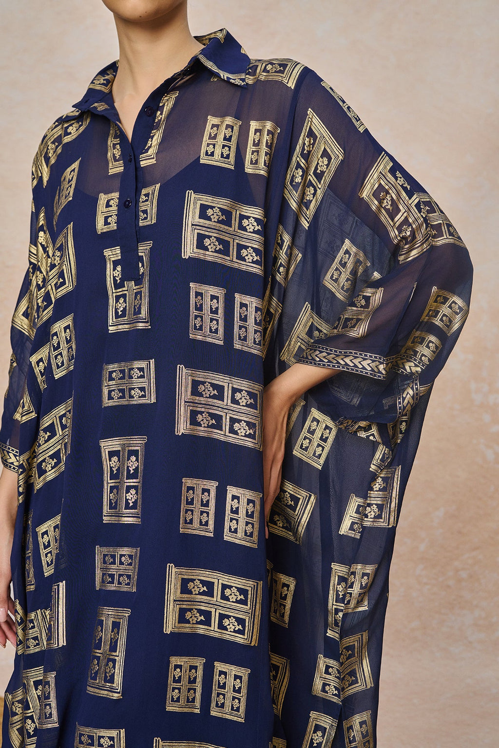 Blue Open Doors Foil Collar Kaftan
