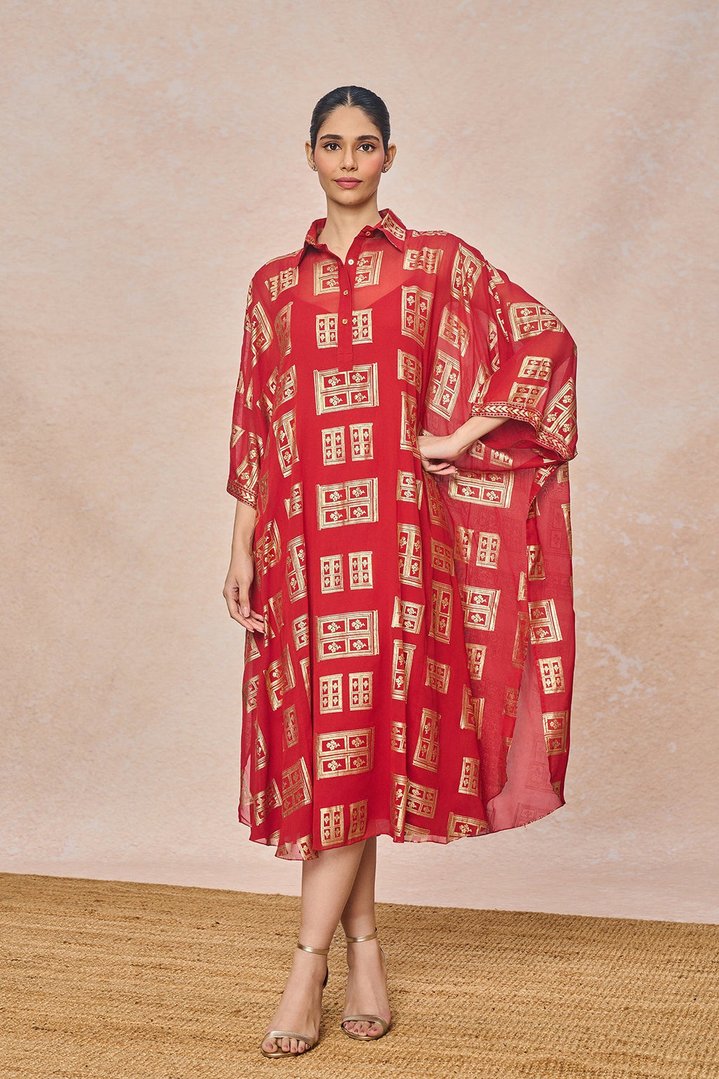 Red Open Doors Foil Collar Kaftan