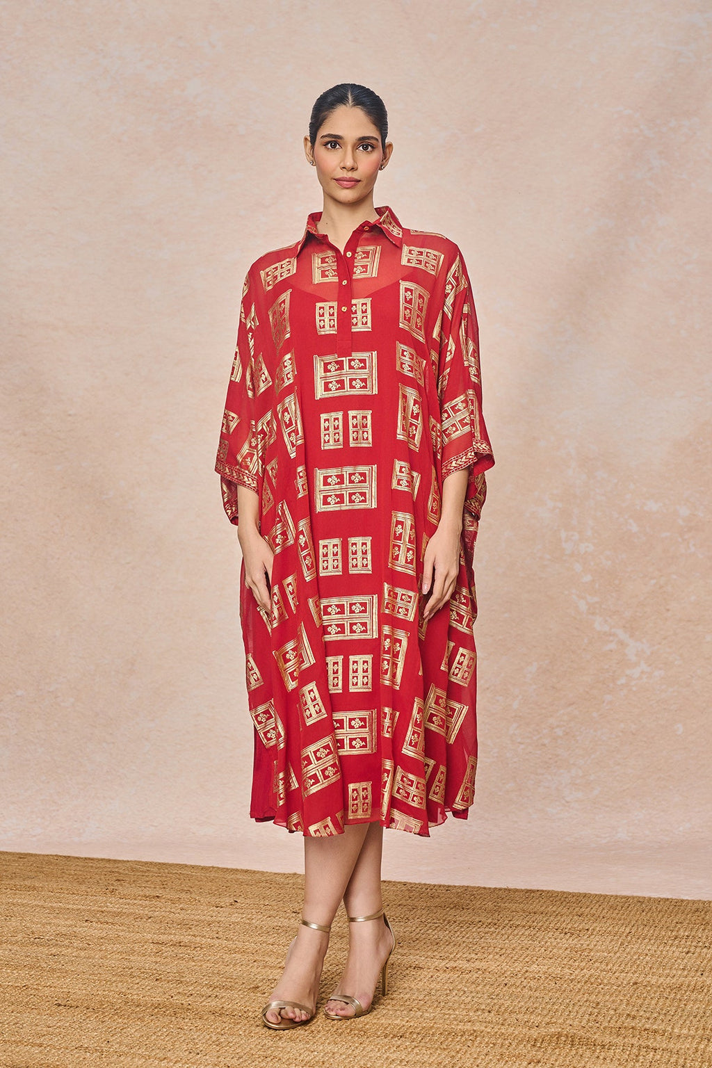 Red Open Doors Foil Collar Kaftan