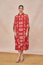 Red Open Doors Foil Collar Kaftan