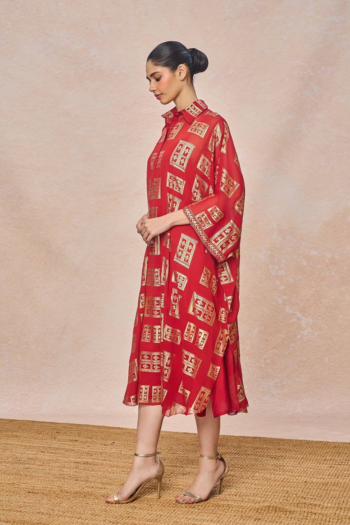 Red Open Doors Foil Collar Kaftan