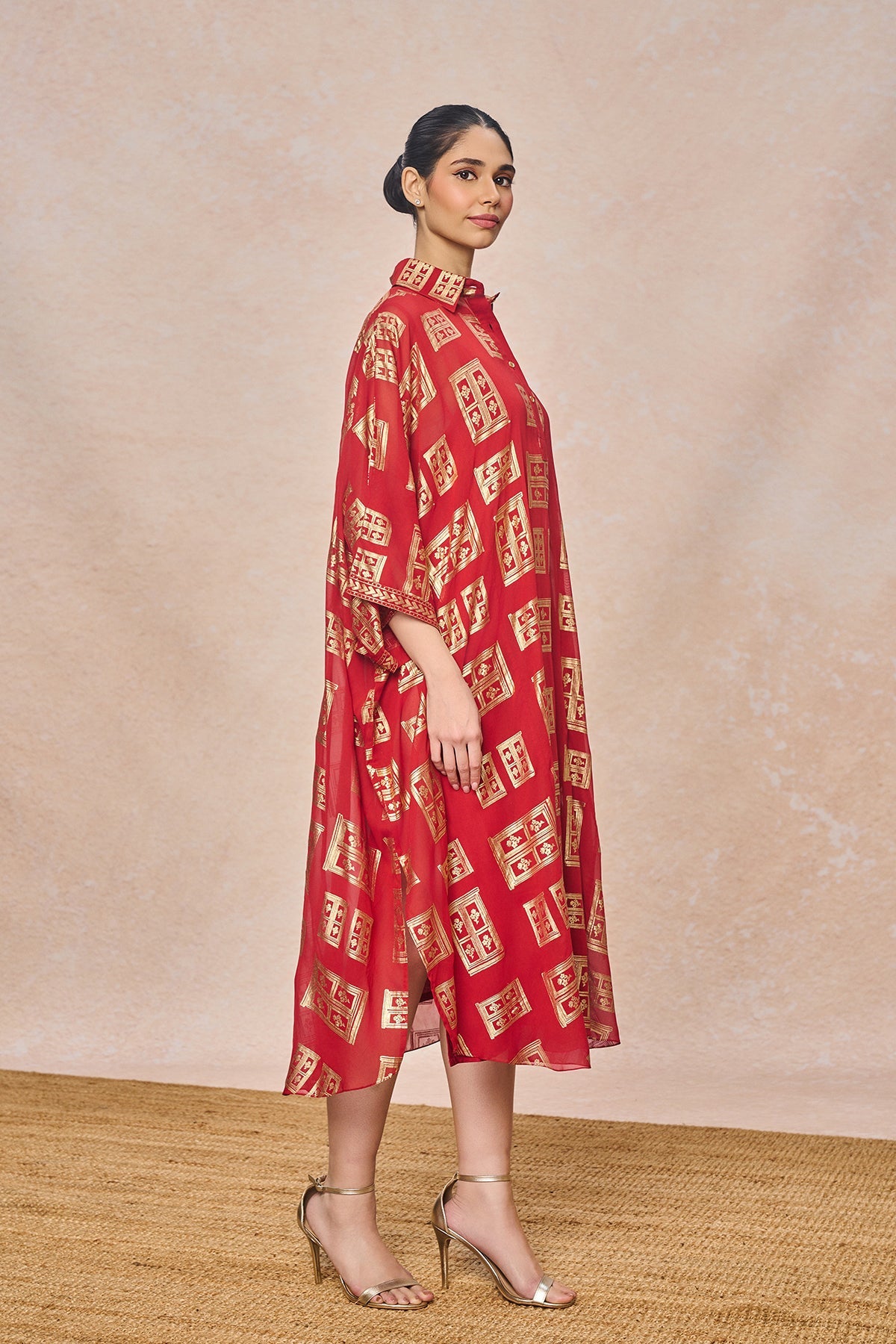 Red Open Doors Foil Collar Kaftan