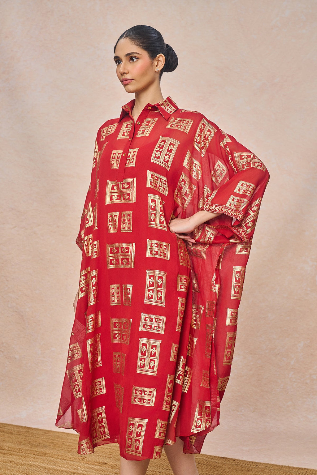 Red Open Doors Foil Collar Kaftan