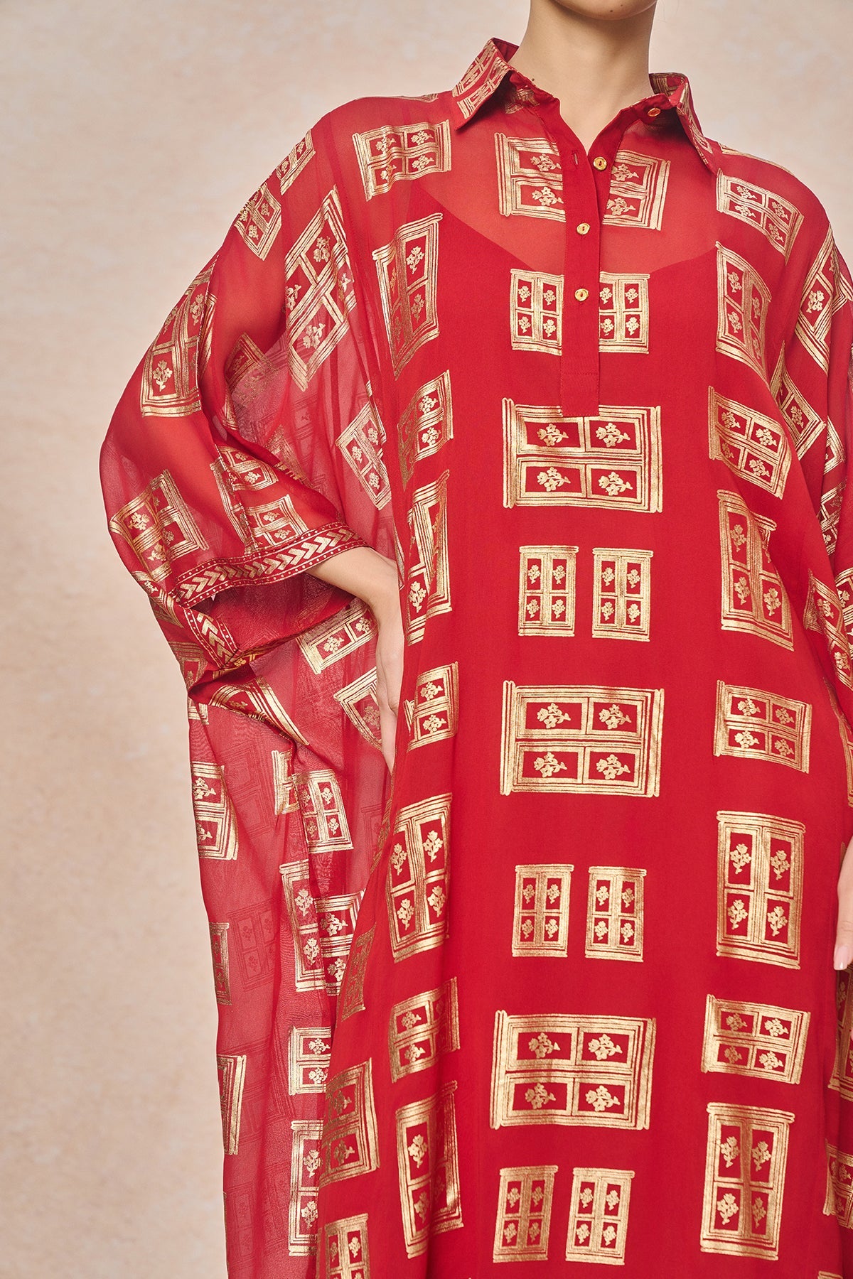 Red Open Doors Foil Collar Kaftan