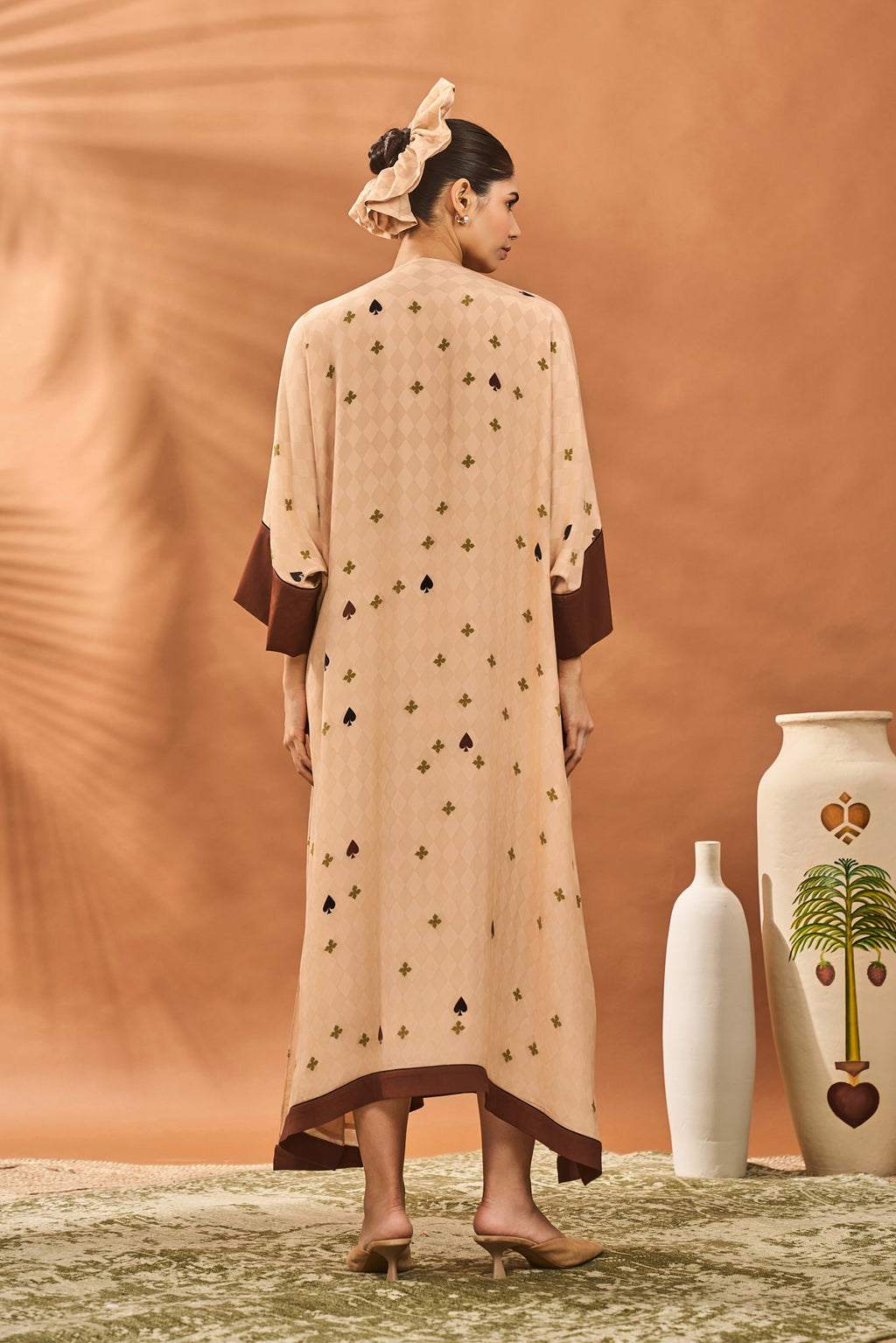 Beige Clover Checks Kaftan