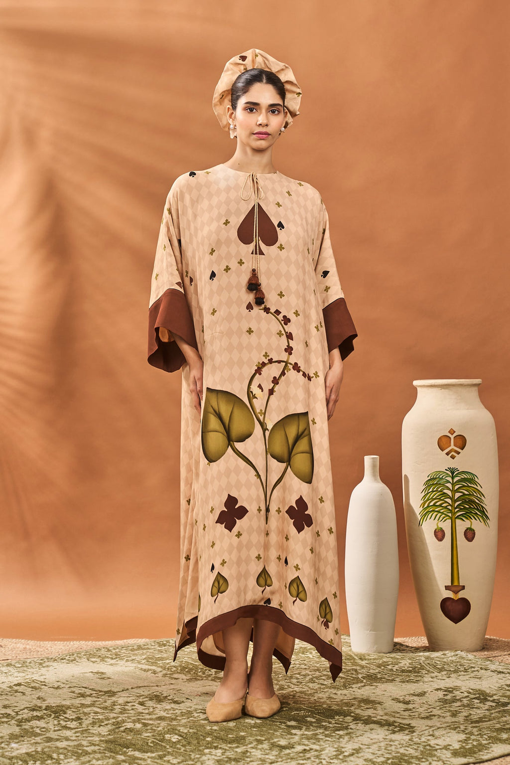Beige Clover Checks Kaftan