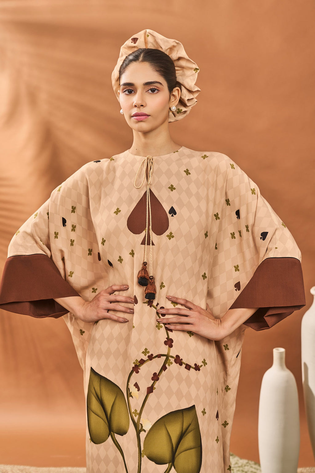 Beige Clover Checks Kaftan