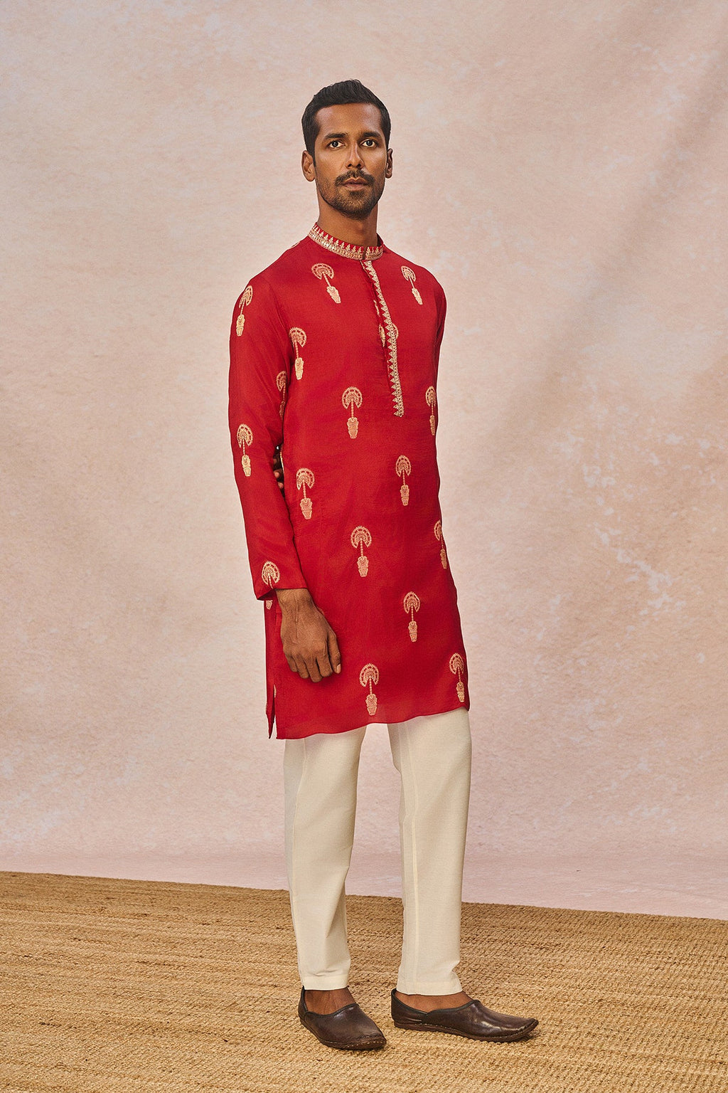 Red Jacquard Kurta Set