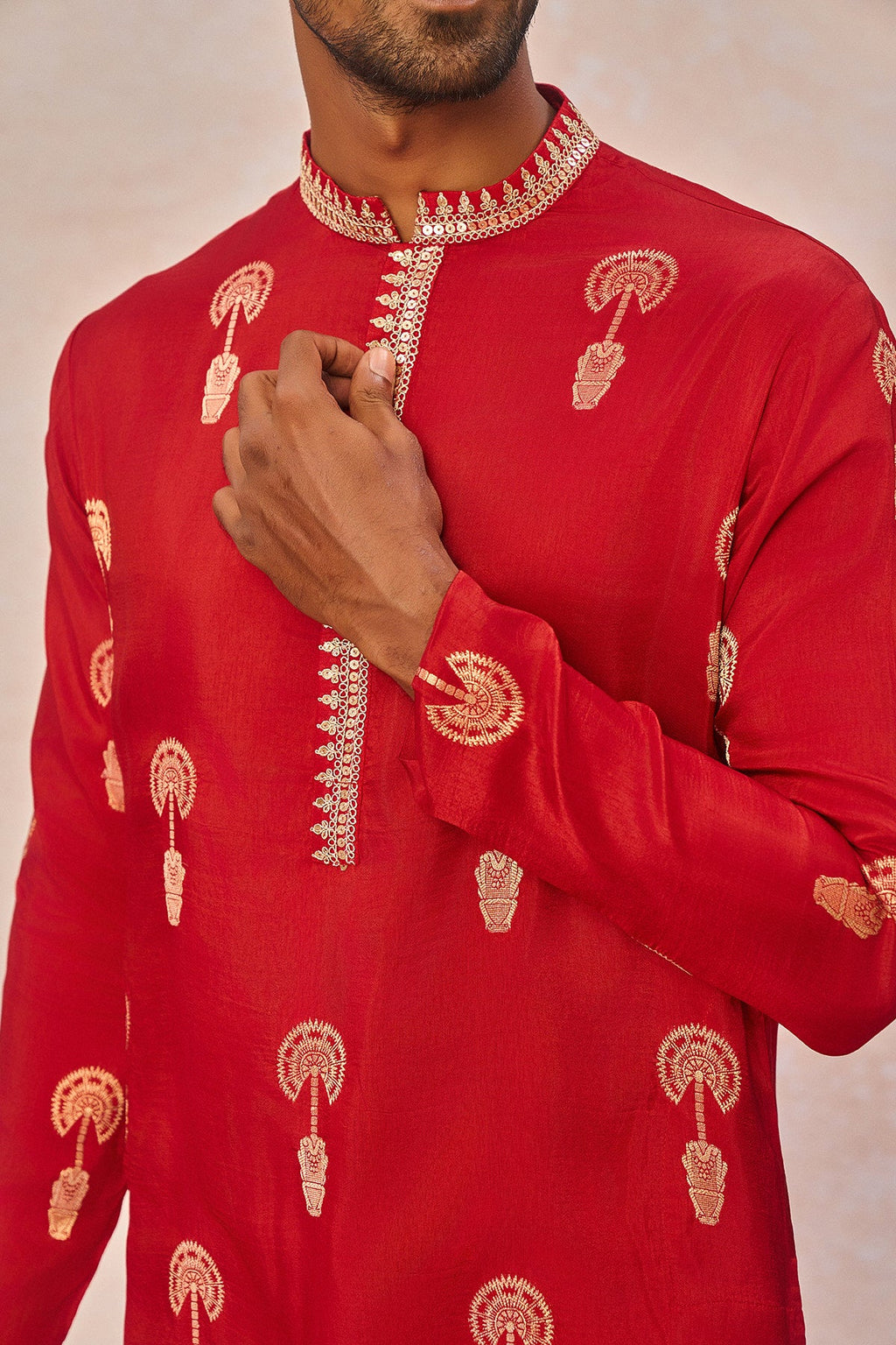 Red Jacquard Kurta Set