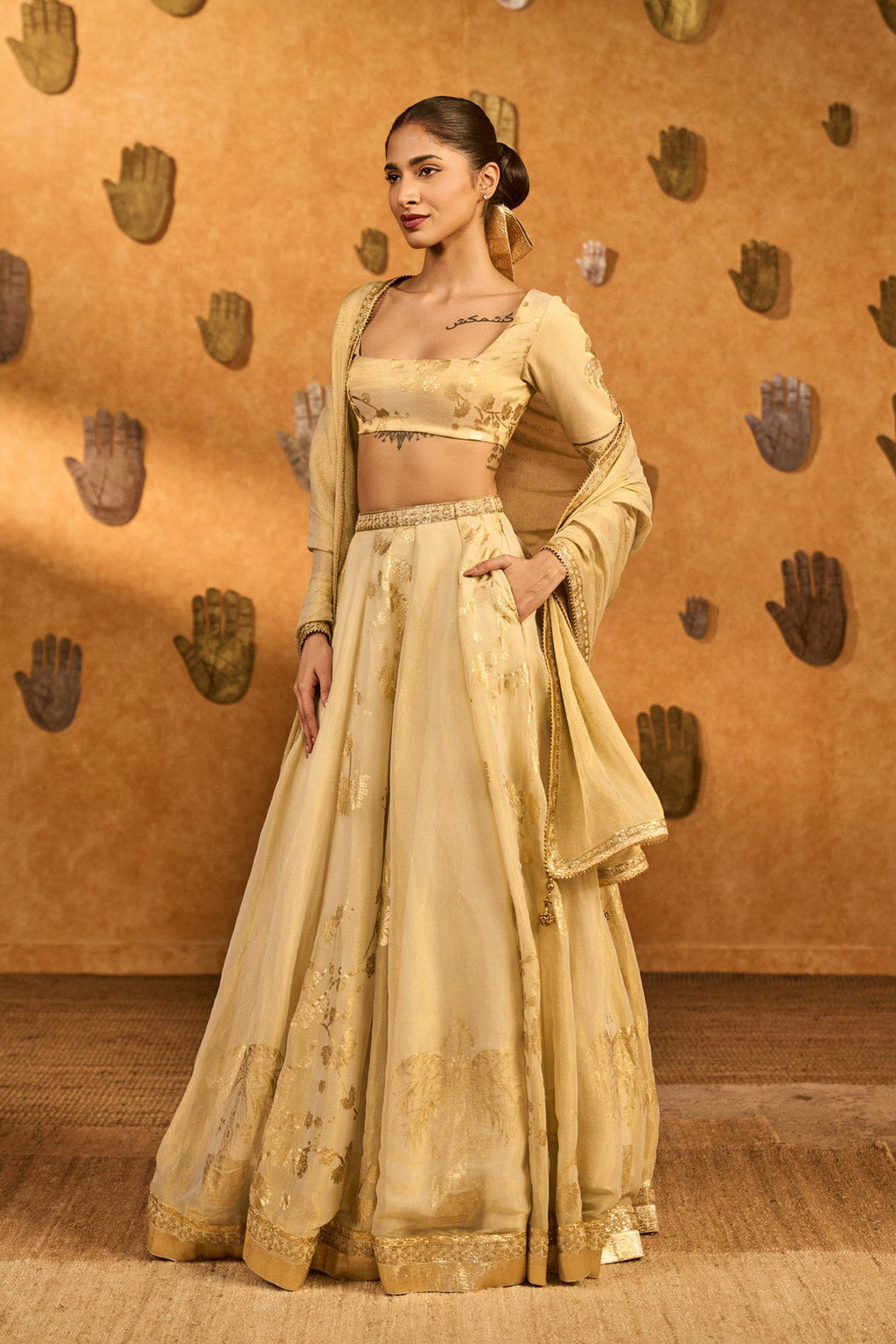 Gold Ivory Sakura Tissue Lehenga Set