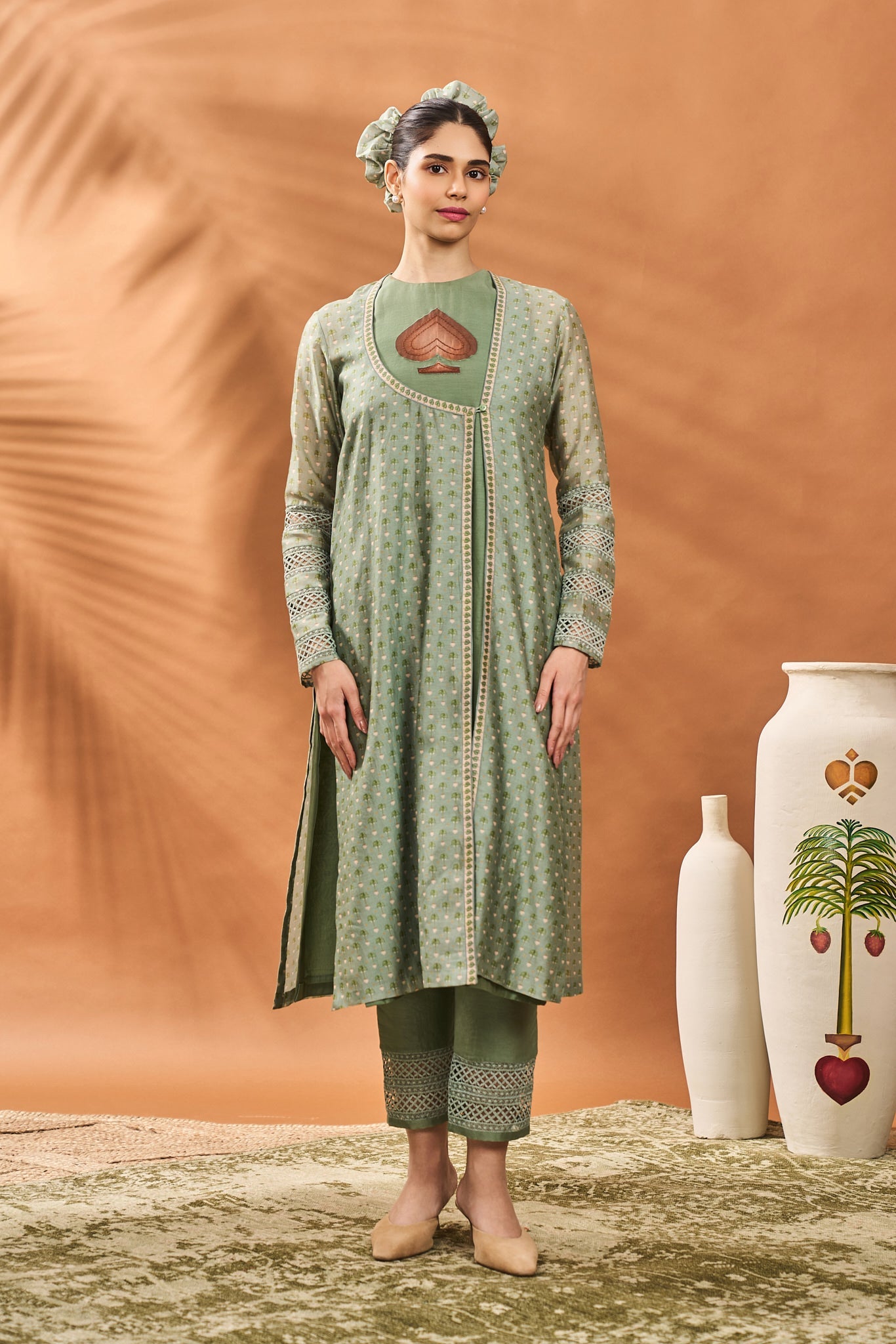 Sage Green Tree of Hearts Angrakha Kurta Set