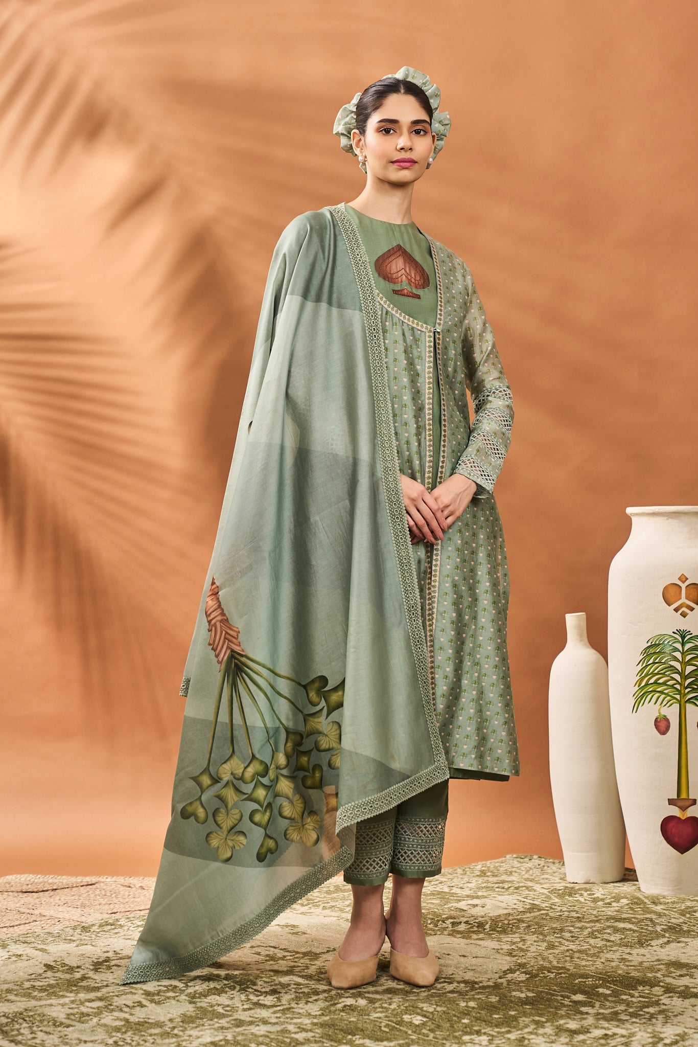 Sage Green Tree of Hearts Angrakha Kurta Set