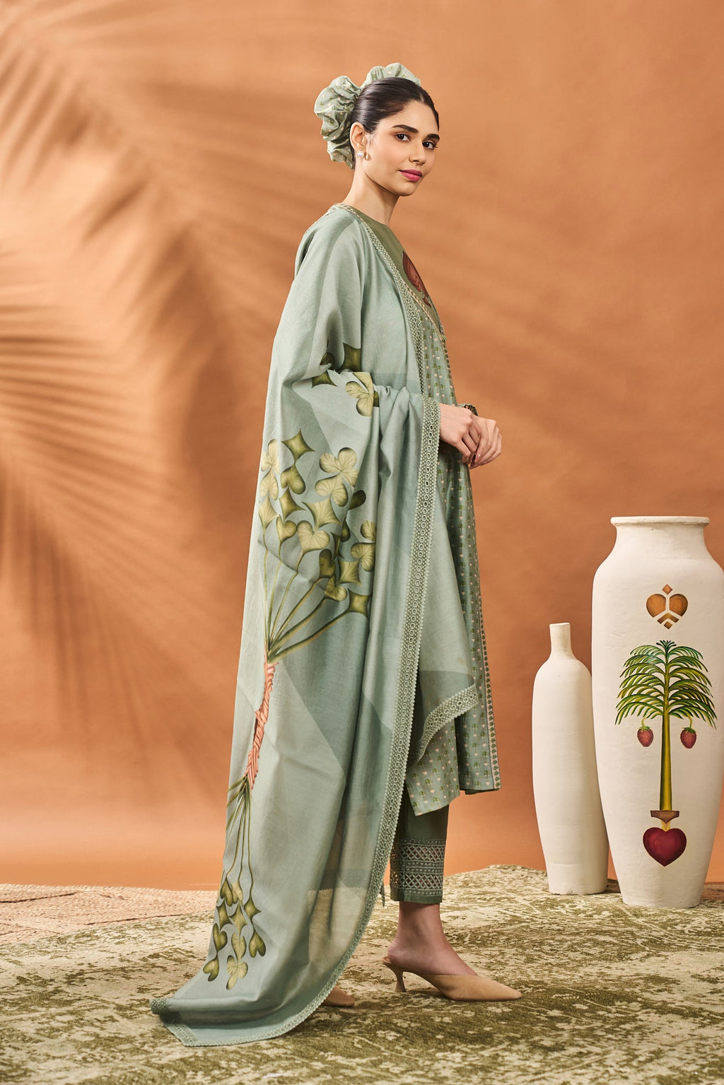 Sage Green Tree of Hearts Angrakha Kurta Set