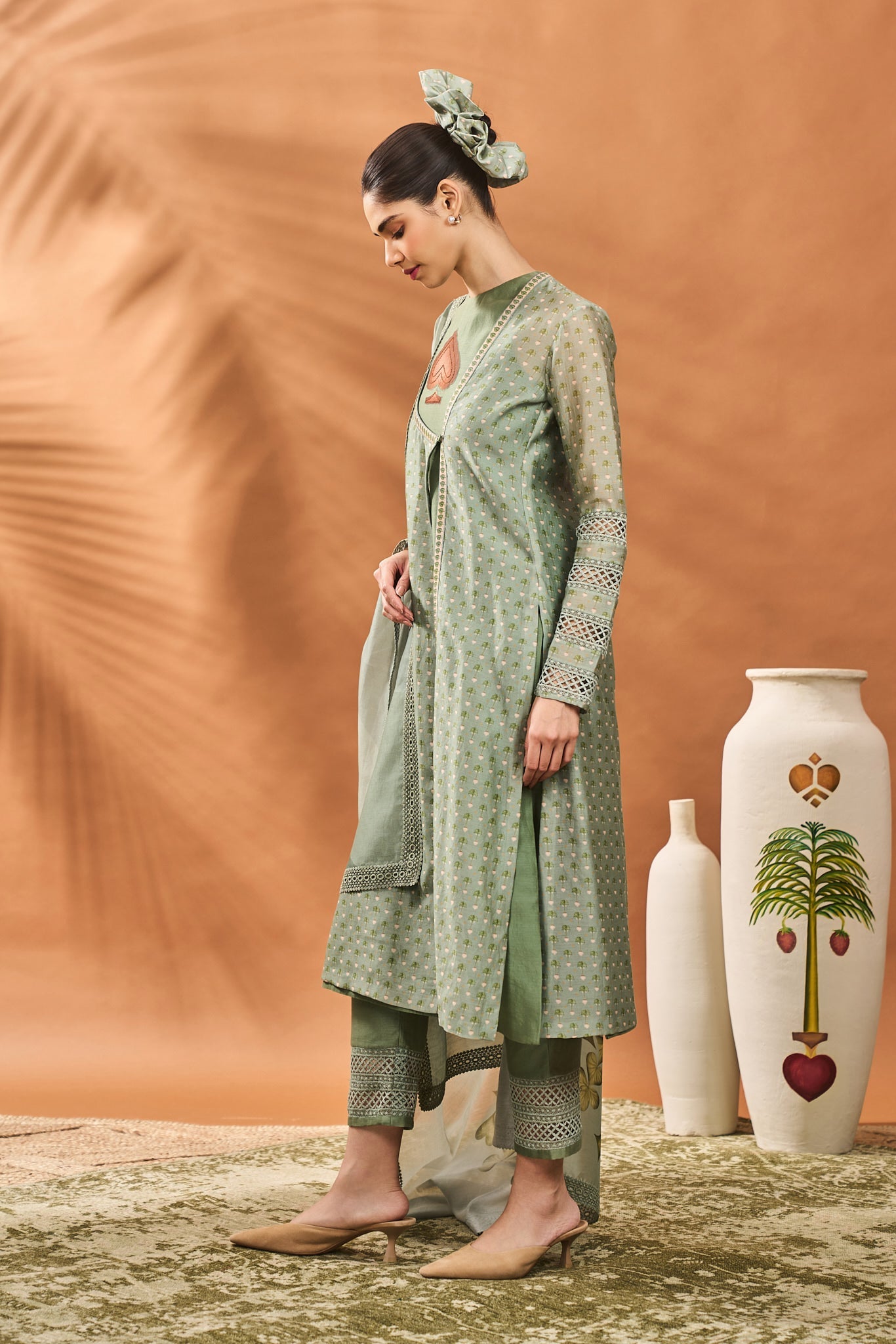 Sage Green Tree of Hearts Angrakha Kurta Set