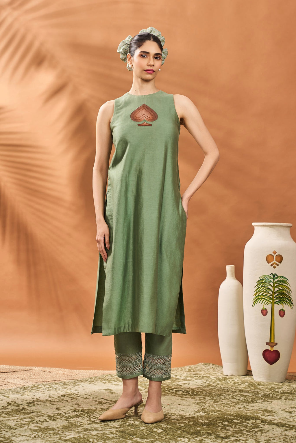 Sage Green Tree of Hearts Angrakha Kurta Set