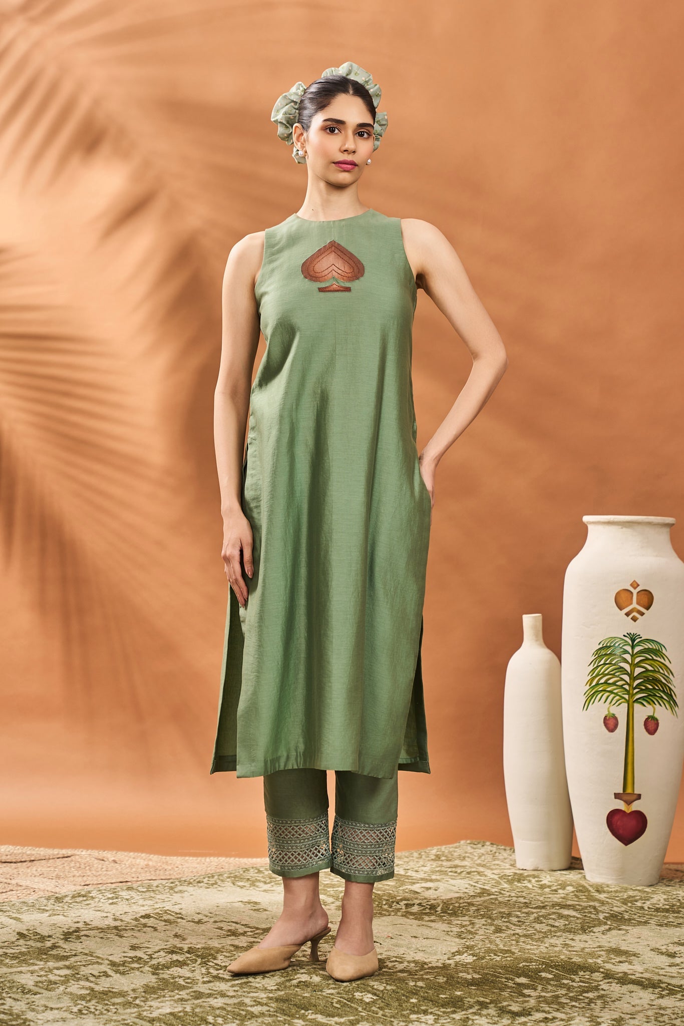Sage Green Tree of Hearts Angrakha Kurta Set