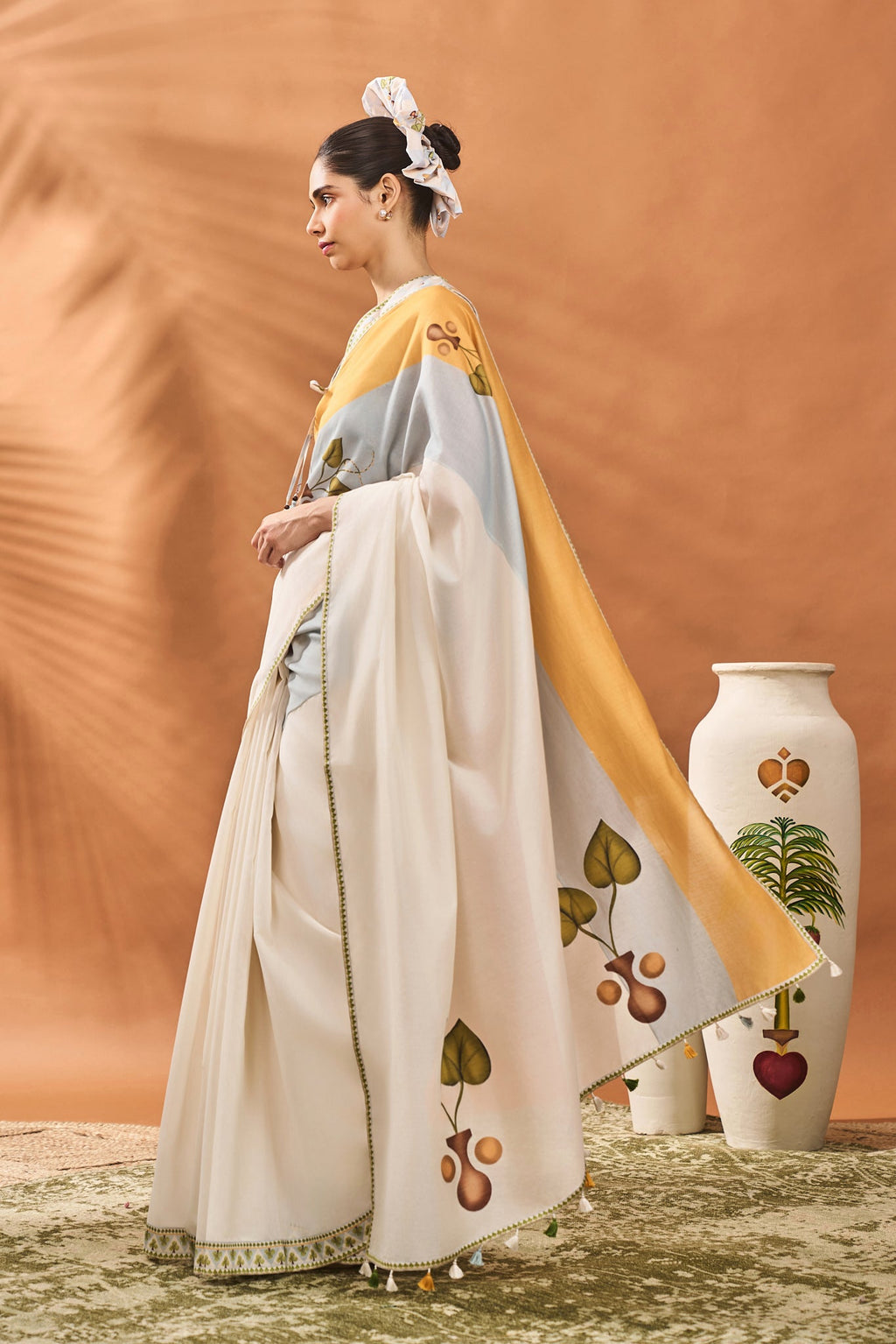Ivory Stripe Garden Grid Saree