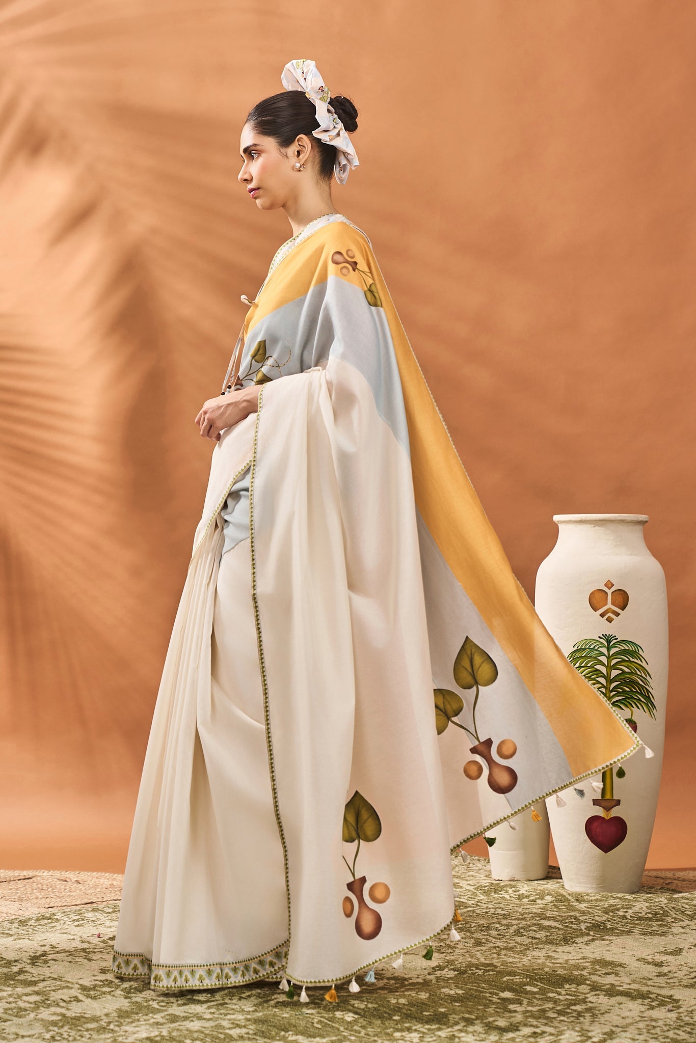 Ivory Stripe Garden Grid Saree