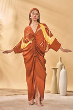 Brown Feathered Cinched Kaftan