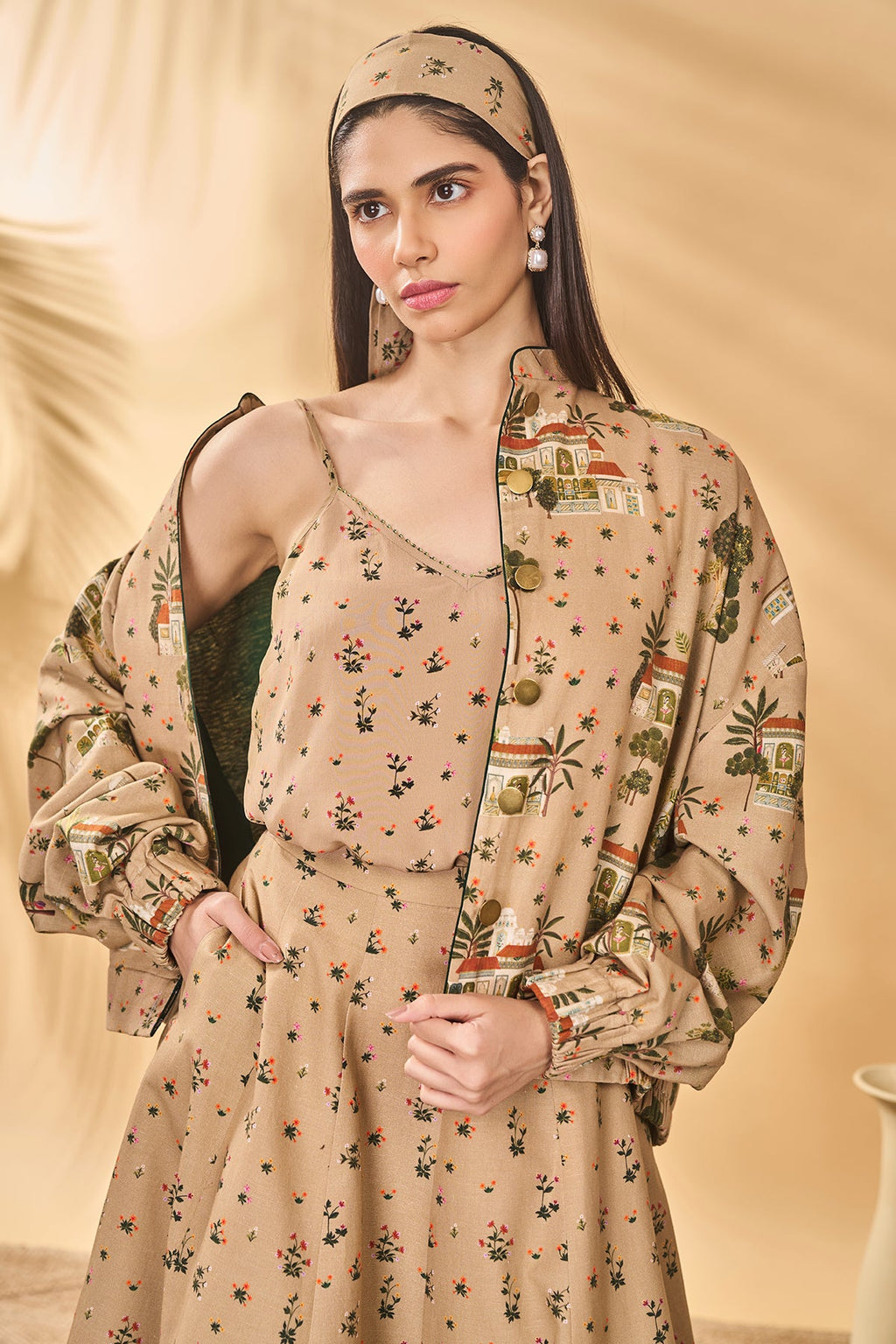Beige Miniature Dreams Bomber Jacket Set