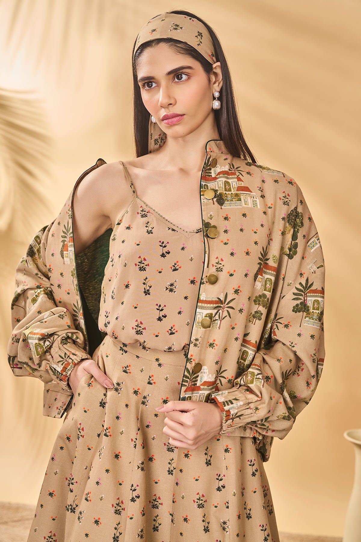 Beige Miniature Dreams Bomber Jacket Set