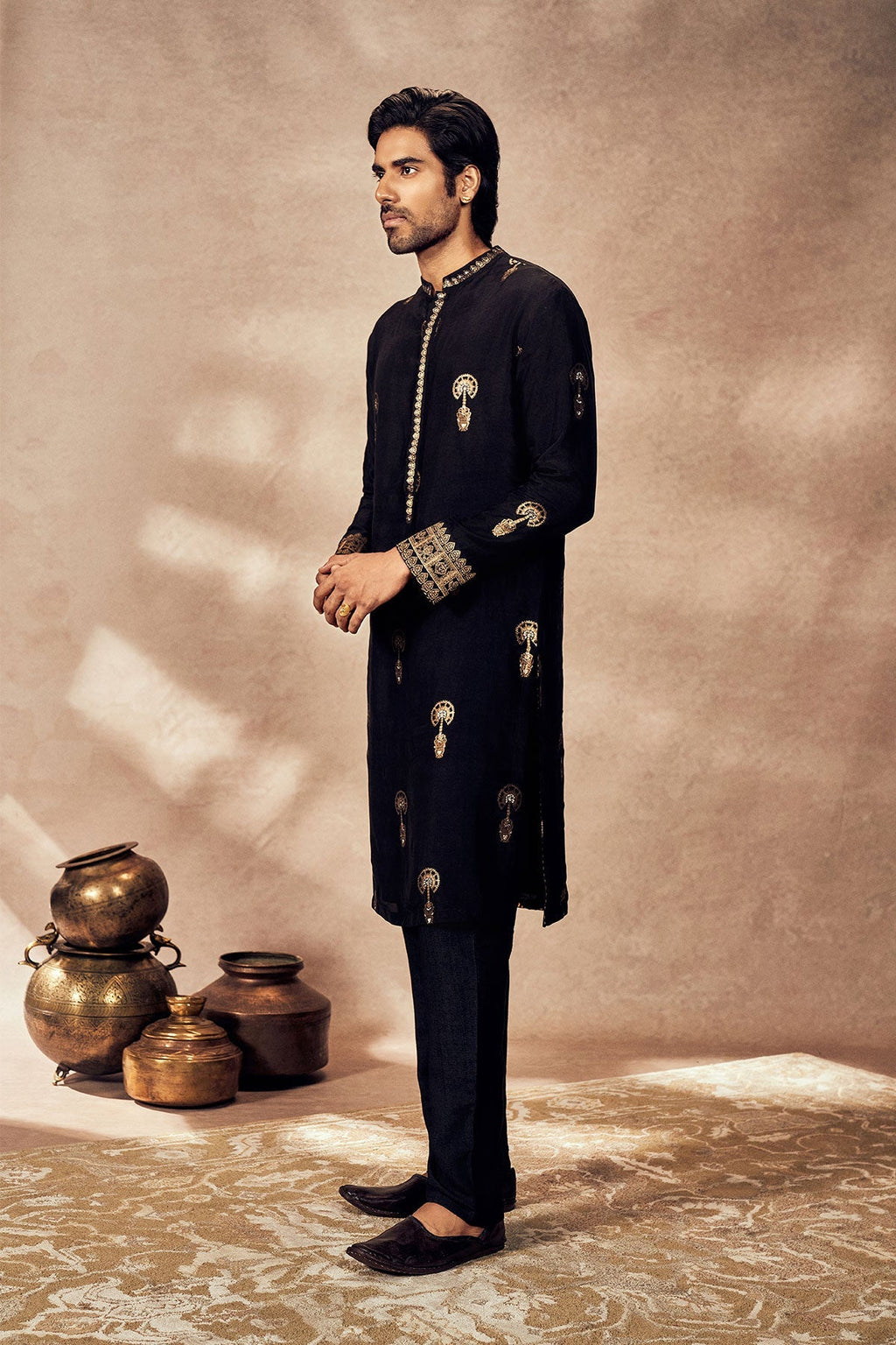 Black Traveller's Palm Jacquard Kurta Set