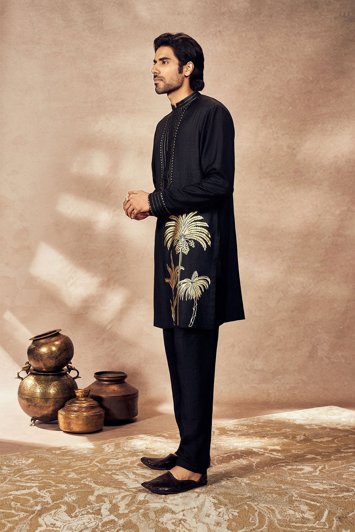 Black Palm Blooms Kurta Set