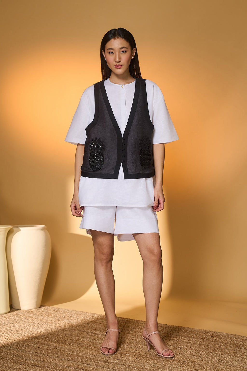 Moon Set with Black Pine-Code Embroidered Vest